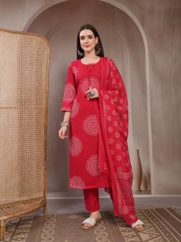 Gahan - Women Pure Cotton Pink Discharge Print & Mirror work Kurta with Pant & Dupatta