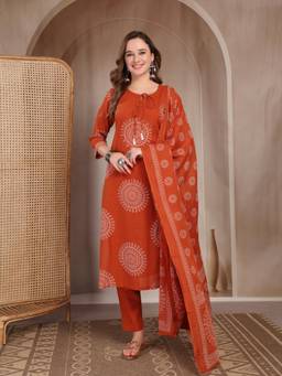 Gahan - Women Pure Cotton Rust Discharge Print & Mirror work Kurta with Pant & Dupatta