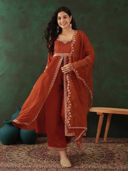Gahan - Rust Silk Blend Zari Sequence Embroidered Kurta with Pant and Dupatta