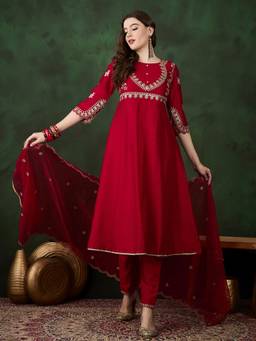 Gahan - Red Silk Blend Zari Sequence Embroidered Anarkali Kurta with Pant And Dupatta