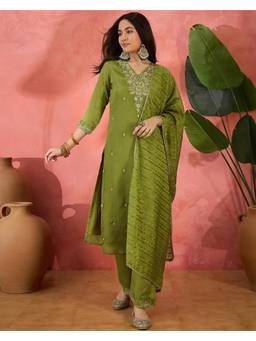 Gahan - Lime Green Silk Blend Zari Sequence Embroidered Kurta with Pant and Dupatta