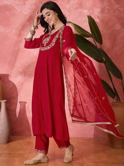 Gahan - Red Silk Blend Zari Sequence Embroidered Anarkali Kurta with Pant And Dupatta
