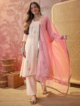 Gahan - Peach Chinon Chiffon Silk Blend Mirror Work A-Line Kurta Pant with Organza Dupatta Set