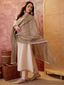 Gahan - Beige Darban Blend Embroidered Yoke Anarkali Kurta and Pant with Dupatta