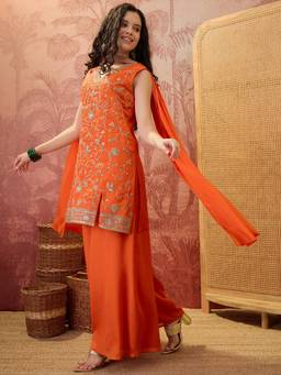Gahan - Orange Chinon Chiffon Silk Blend Sleeveless Short Kurta and Palazzo with Dupatta