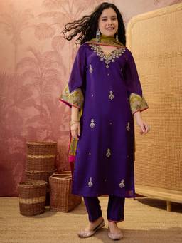 Gahan - Purple Vichitra Silk Zari Embroidered Straight Kurta Pant with Mustard Dupatta Set