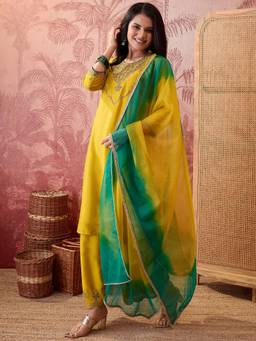 Gahan - Yellow Chinon Chiffon Zari Embroidered Straight Kurta and Palazzo with Dupatta