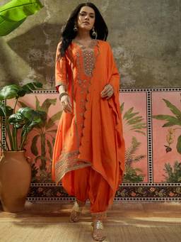 Gahan - Orange Chinon Chiffon Heavy Zari Embroidered Kurta and Afghan Salwar with Dupatta