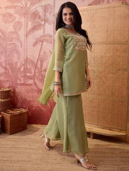 Gahan - Pista Green Ruchi Chiffon Silk Zari Embroidered Short Kurta and Palazzo with Dupatta