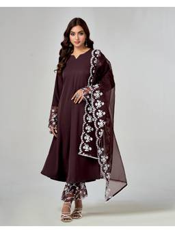 Gahan - Brown Poly Crepe Embroidered Anarkali Kurta with Pant And Dupatta