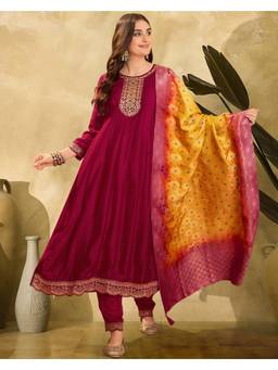 Gahan - Magenta Silk Blend Zari Embroidered Anarkali Kurta with Pant And Dupatta