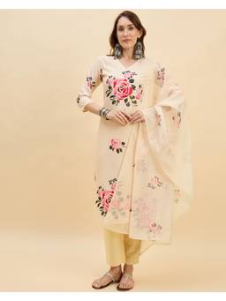 Gahan - Off White American Crepe Kurta with Pant and Dupatta