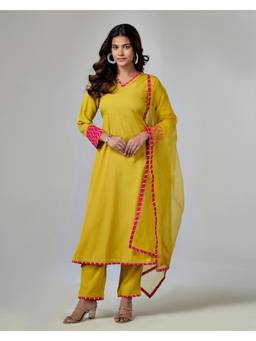 Gahan - Yellow Poly Crepe Gota Patti Anarkali Kurta with Pant And Dupatta