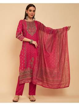 Gahan - Pink Rayon Aari hand Work with Digital Print Kurta with Pant and Dupatta