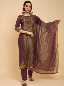 Gahan - Wine Rayon Aari hand Work with Digital Print Kurta with Pant and Dupatta