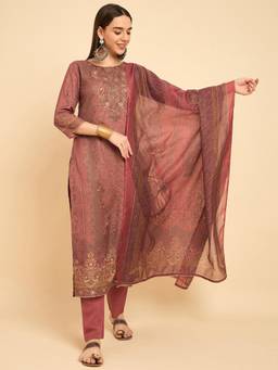 Gahan - Rose Pink Rayon Aari hand Work with Digital Print Kurta with Pant and Dupatta