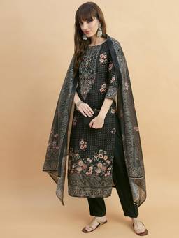 Gahan - Black Rayon Aari hand Work with Digital Print Kurta with Pant and Dupatta