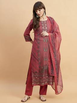 Gahan - Rose Red Rayon Aari Mirror Work with Digital Print Kurta with Pant and Dupatta