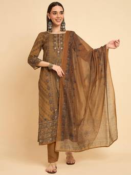 Gahan - Mustard Rayon Aari Mirror Work with Digital Print Kurta with Pant and Dupatta