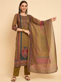 Gahan - Olive Rayon Aari hand Work with Digital Print Kurta with Pant and Dupatta