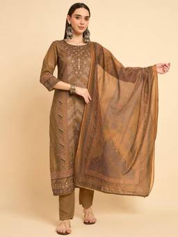 Gahan - Brown Rayon Aari hand Work with Digital Print Kurta with Pant and Dupatta