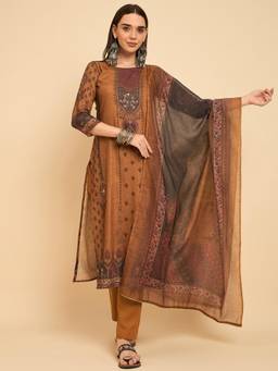 Gahan - Mustard Rayon Aari hand Work with Digital Print Kurta with Pant and Dupatta