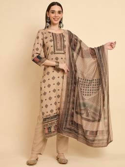 Gahan - Beige Rayon Aari hand Work with Digital Print Kurta with Pant and Dupatta