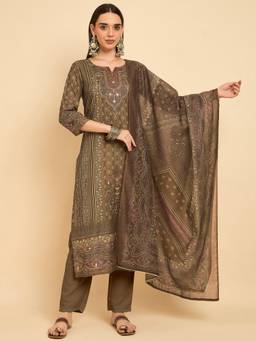 Gahan - Olive Rayon Aari hand Work with Digital Print Kurta with Pant and Dupatta