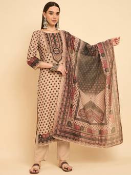 Gahan - Beige Rayon Aari hand Work with Digital Print Kurta with Pant and Dupatta