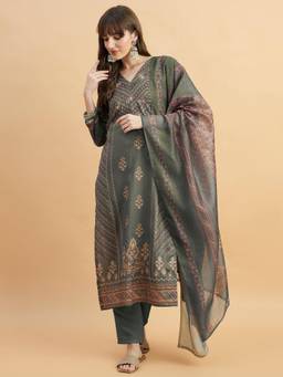 Gahan - Olive Green Rayon Aari hand Work with Digital Print Kurta with Pant and Dupatta
