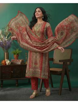 Gahan - Orange Rayon Aari hand Work with Digital Print Kurta with Pant and Dupatta