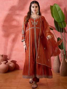 Gahan - Rust Silk Blend Zari Sequence Embroidered Anarkali Kurta with Pant And Dupatta