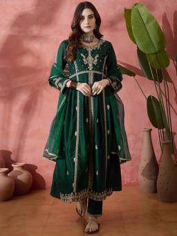 Gahan - Green Silk Blend Zari Sequence Embroidered Anarkali Kurta with Pant And Dupatta
