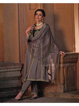Gahan - Grey Chinon Zari Sequence Thread Embroidered Anarkali Kurta with Pant And Dupatta Set