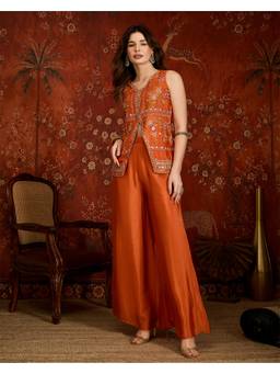 Gahan - Orange Poly Chinon Zari Sequence Thread Embroidered Top with Palazzo