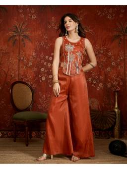 Gahan - Rust Cosmos Zari Sequence Embroidered Top with Palazzo