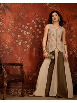 Gahan - Beige & Coffee Brown Crepe Zari Embroidered Cut Work Kurta with Palazzo