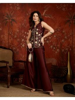 Gahan - Wine Malay Satin Zari Sequence Embroidered Thread Work Kurta with Flared Palazzo