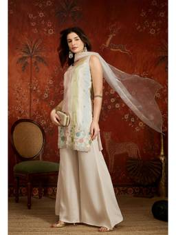 Gahan - Off White Silk Blend Zari Sequence Embroidered Kurta with and Palazzo with Dupatta