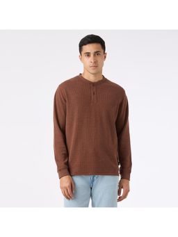Pepe Jeans - Men Brown Waffle Knit Henley Neck Full Sleeve T-Shirt