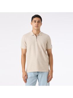 Pepe Jeans - Men Ivory Textured Zip Neck Polo T-Shirt