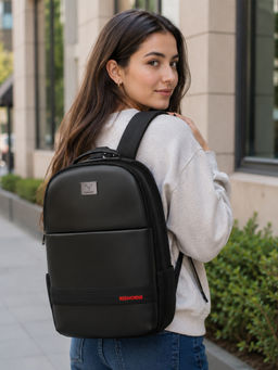 REDHORNS - Black Faux Leather 15.6-Inch Laptop Backpack With Rain Cover Backpack