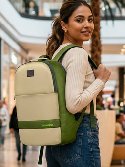 REDHORNS - Beige Faux Leather 15.6-Inch Laptop Backpack With Rain Cover Backpack