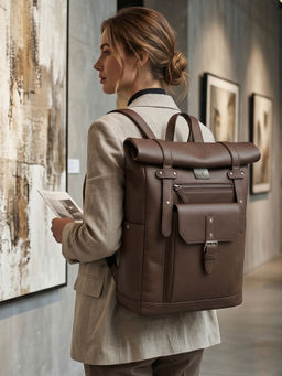 REDHORNS - Brown Urbane Pro Roll-Top Unisex Genuine Leather Office Travel Backpack