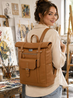 REDHORNS - Tan Urbane Pro Roll-Top Unisex Genuine Leather Office Travel Backpack