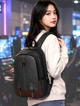 REDHORNS - Black Classic 30L Faux Leather Laptop Backpack 15.6-Inch Anti Theft Bags