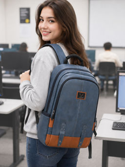REDHORNS - Blue Classic 30L Faux Leather Laptop Backpack 15.6-Inch Anti Theft Bags