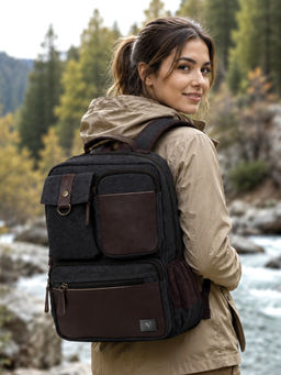 REDHORNS - Black Vintage Canvas Backpack Eco-Friendly 22L Travel Hiking Bags