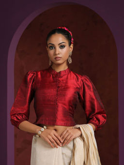 WeaverStory - Handcrafted Maroon Raw Silk with Puff Sleeves