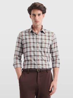 Arrow Sports - Mens Dobby Grid Tattersall Checked Shirt Brown